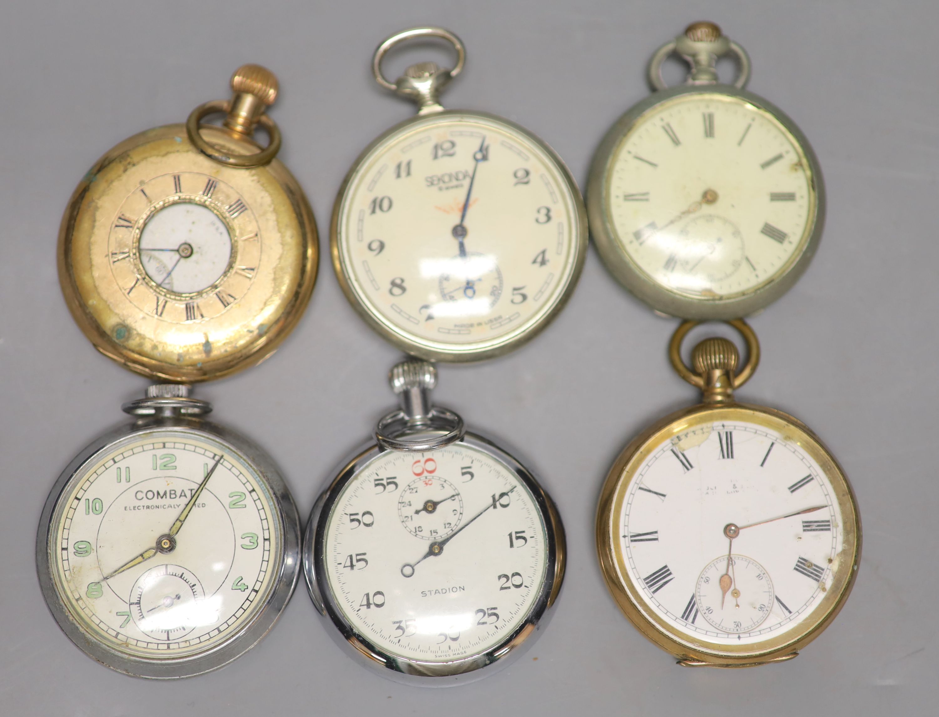 Seven assorted base metal pocket watches including Combat, Stadion and Sekonda(a.f.)